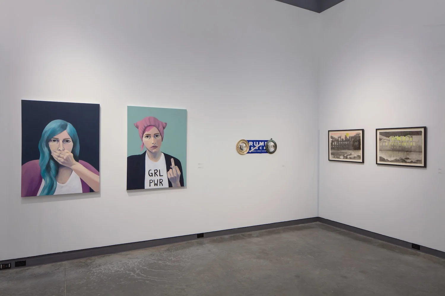 Two portraits by Lauren Peters, an assemblage by Graham Dougherty and two works by Ruth Ansel.