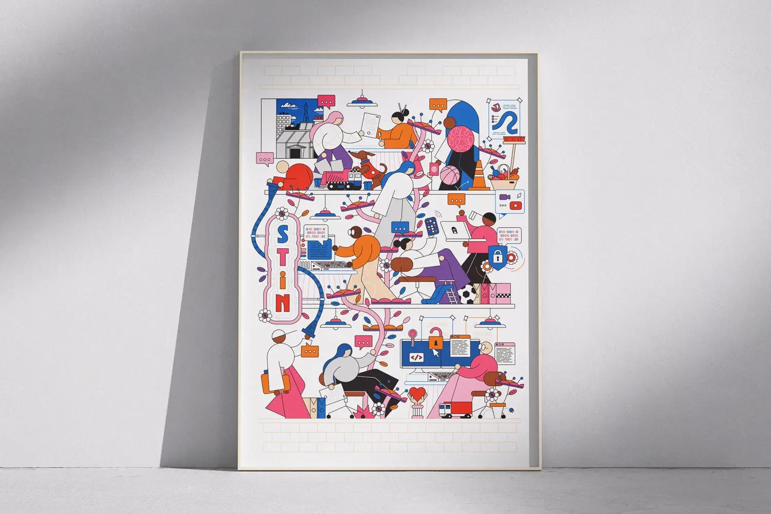 Une illustration colorée représentant des personnes travaillant avec des ordinateurs, des smartphones, des icônes de sécurité, de programmation, et de réseaux sociaux, organisée en forme de arbre.