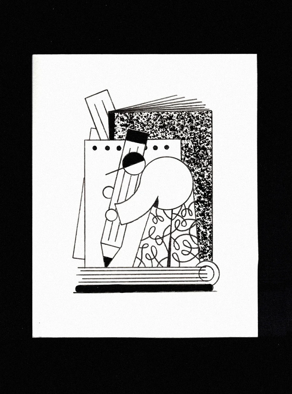Une illustration en noir et blanc d'un lapin stylisé qui tient un bâton de peinture, entouré de différents motifs et textures abstraits.