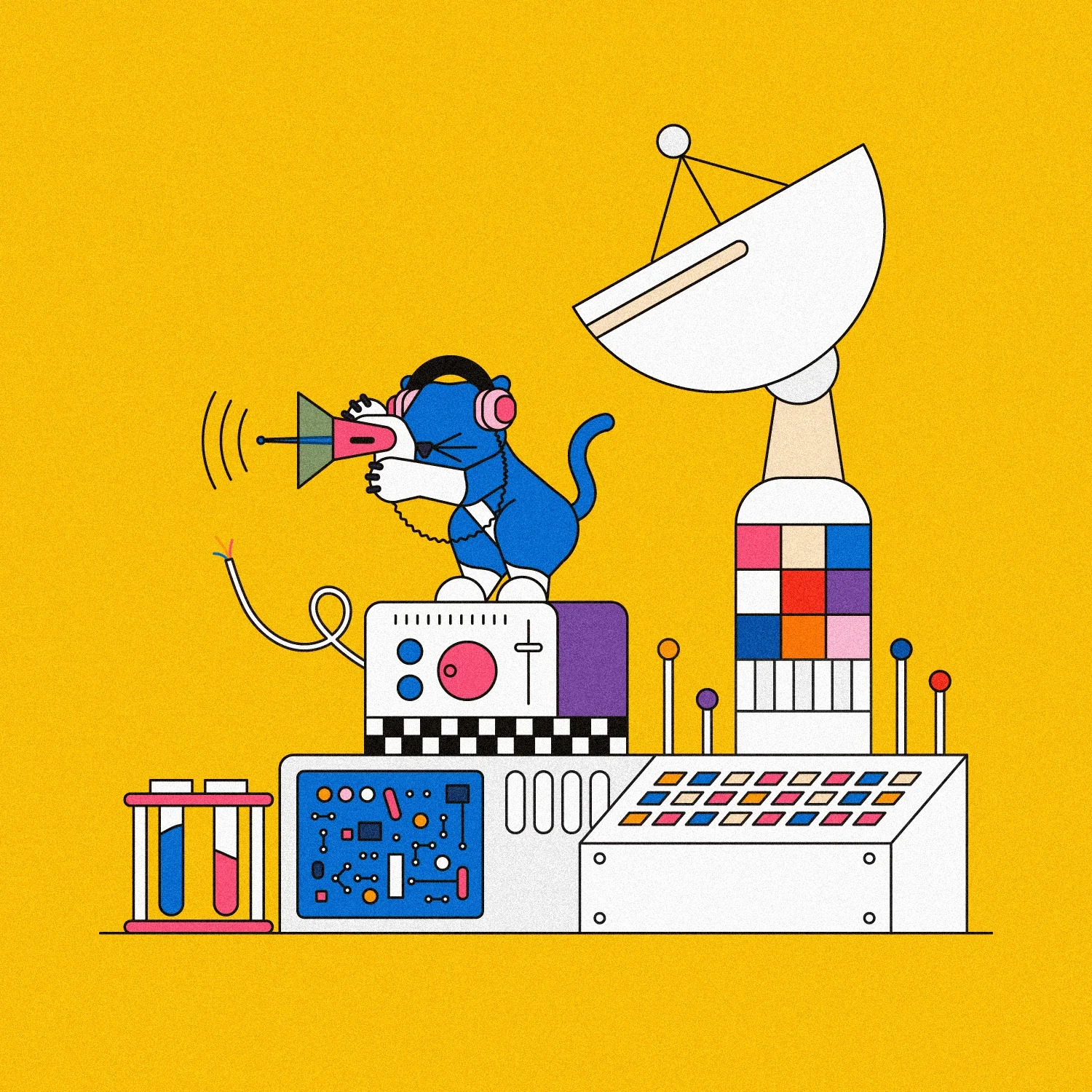Illustration colorée d'une souris portant un casque d'écoute, manipulant un appareil de radioastronomie avec un grand parabole et divers équipements scientifiques contre un fond jaune.