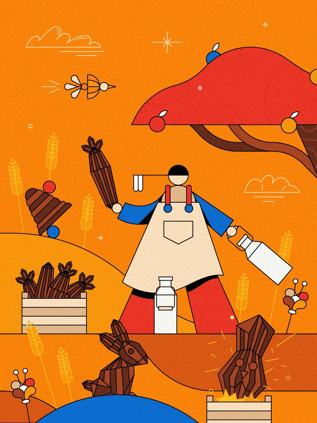 Illustration stylisée d'une scène agricole avec un personnage au centre, tenant une bouteille et une fourche, entouré de lapins en bois, de récoltes, de plantes, et dans un paysage avec un arbre et un ciel orange.