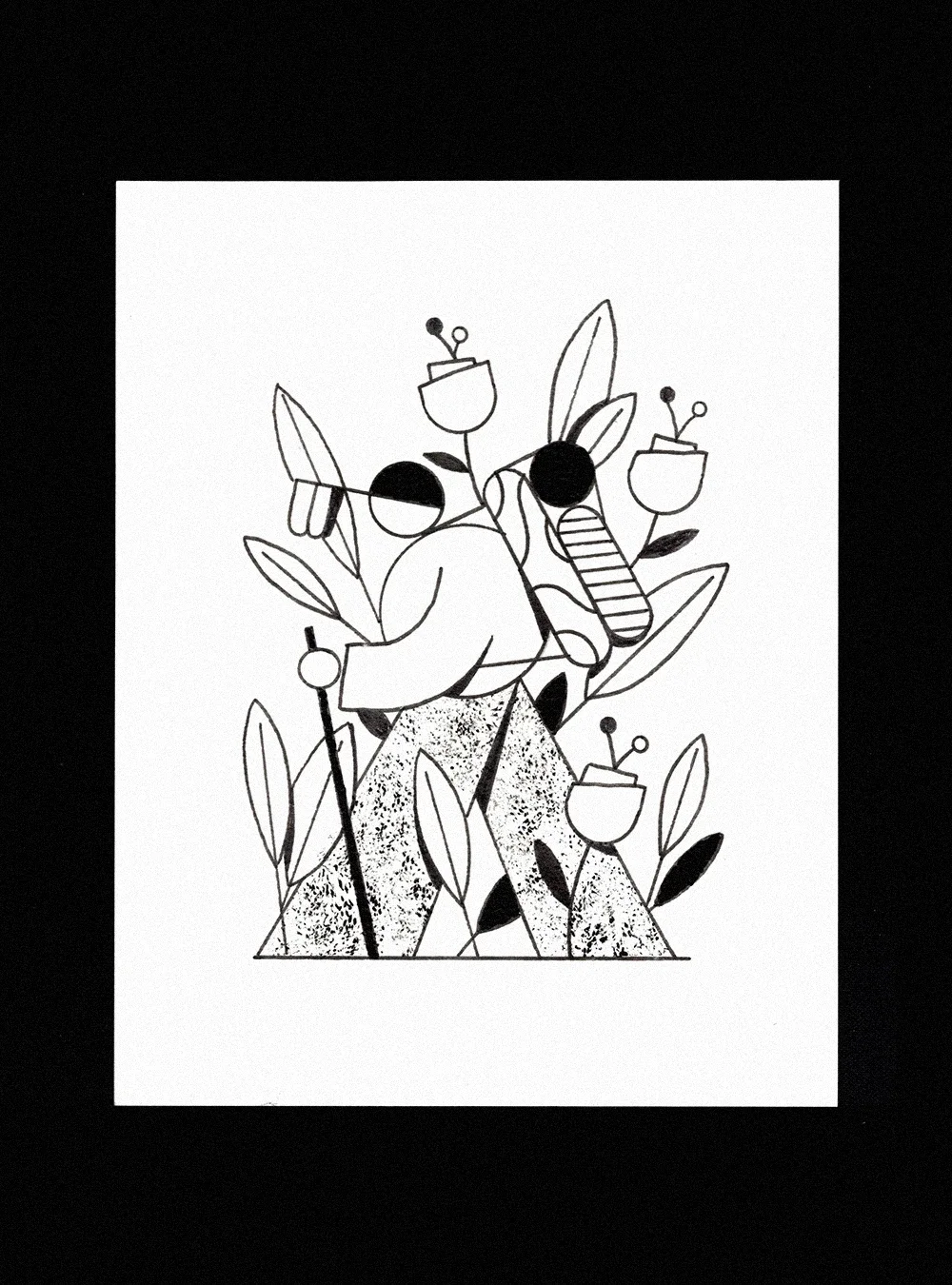 Illustration en noir et blanc d'un arbre avec des fleurs et des feuilles, et une montagne en arrière-plan.