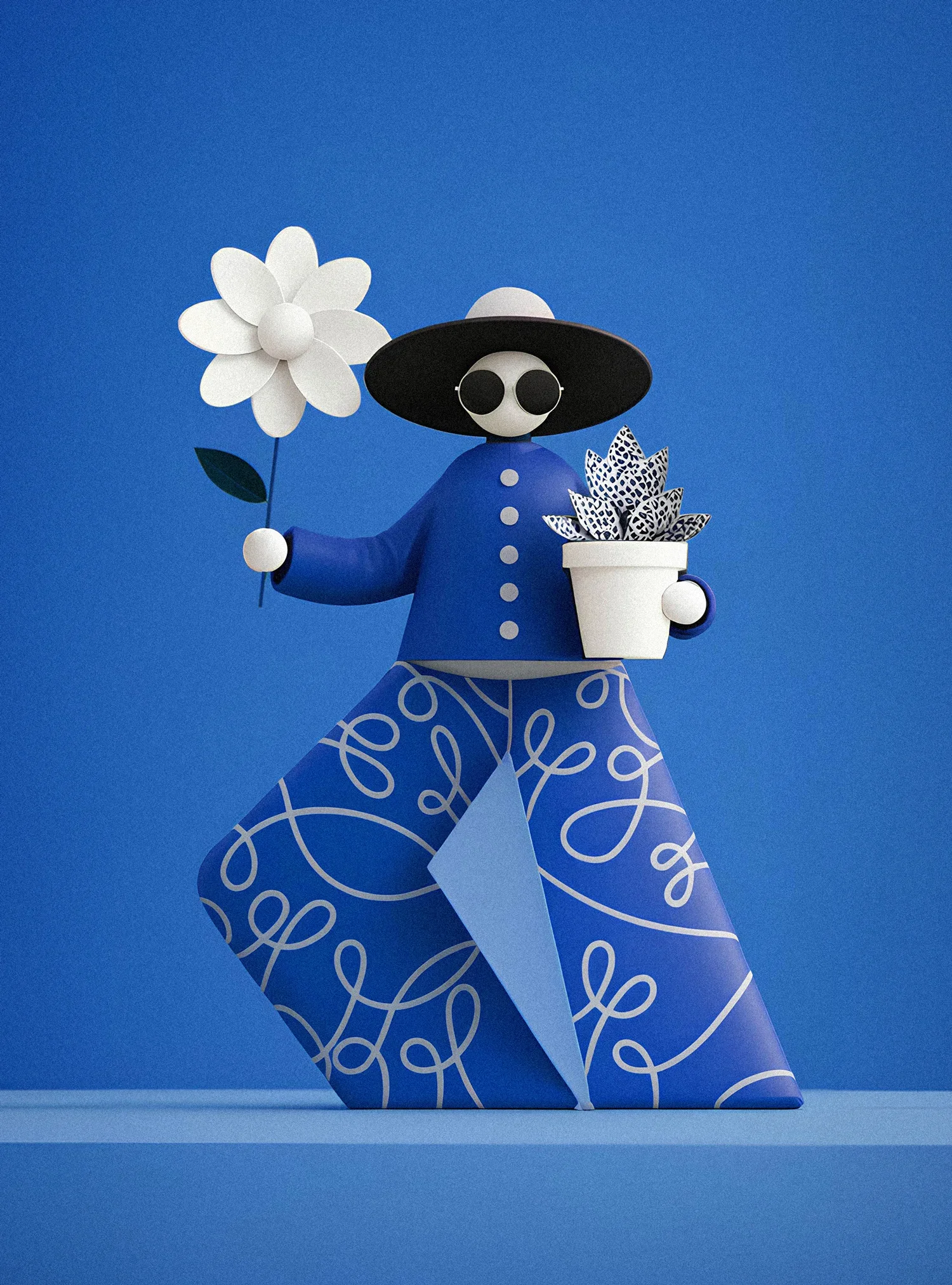 Une poupée en carton aux vêtements bleus, portant un grand chapeau noir, tient un bouquet de fleurs blanches et une jardinière avec des feuilles noires et blanches, contre un fond bleu.
