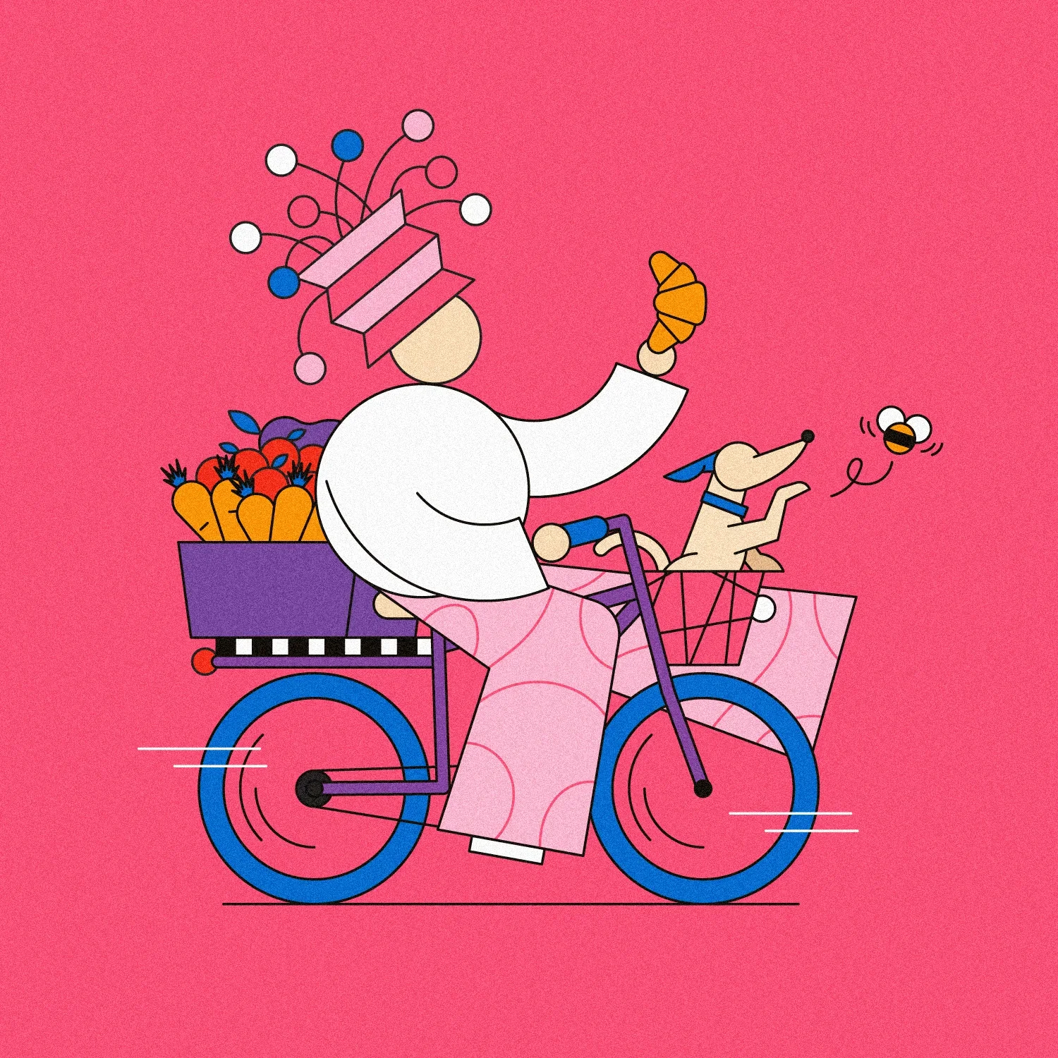 Illustration de style minimaliste d'une personne à vélo avec un chien dans le panier, des fleurs, des fruits, un croissant et une abeille, sur fond rose.