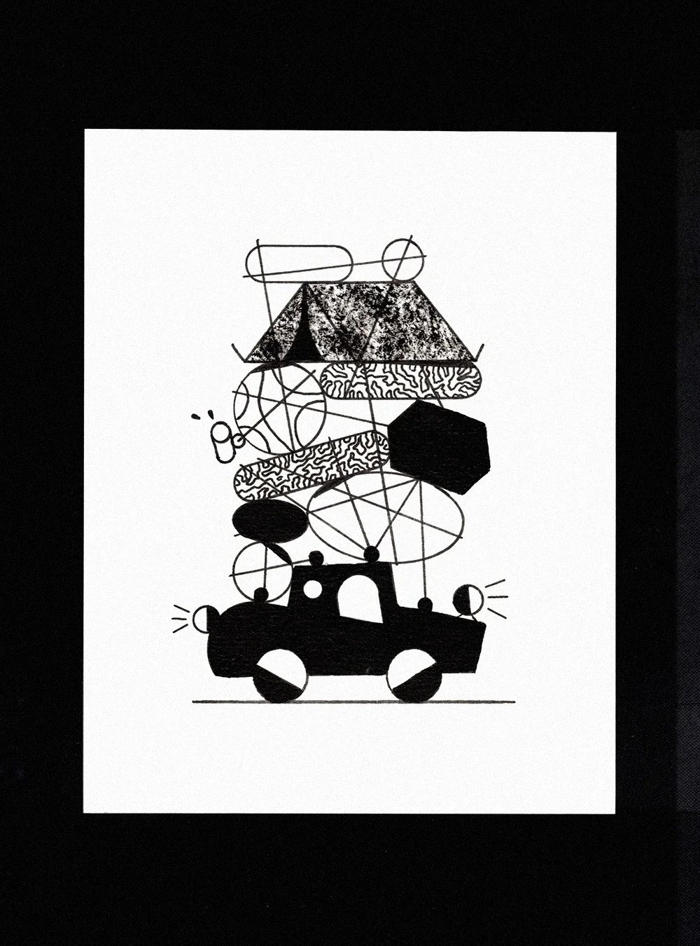 Illustration noire et blanche d'un camion avec des objets abstraits et géométriques empilés dessus.
