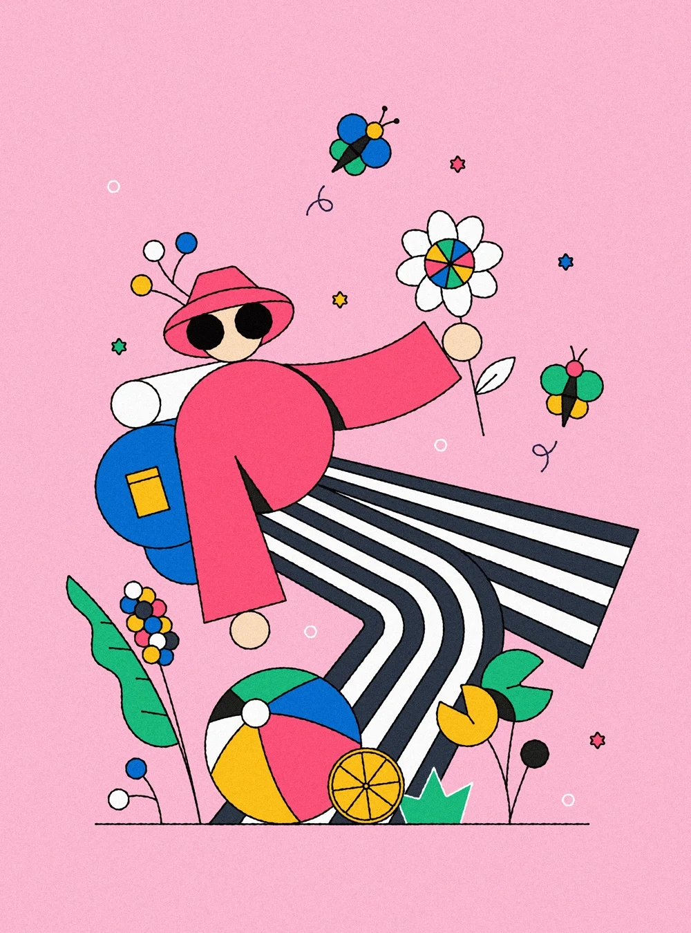 Illustration colorée d'une personne portant un chapeau rose et un sac bleu, tenant une fleur avec un cercle coloré au centre, entourée de papillons, un ballon de plage, une tranche de citron, des feuilles, et des petits objets. Fond rose.