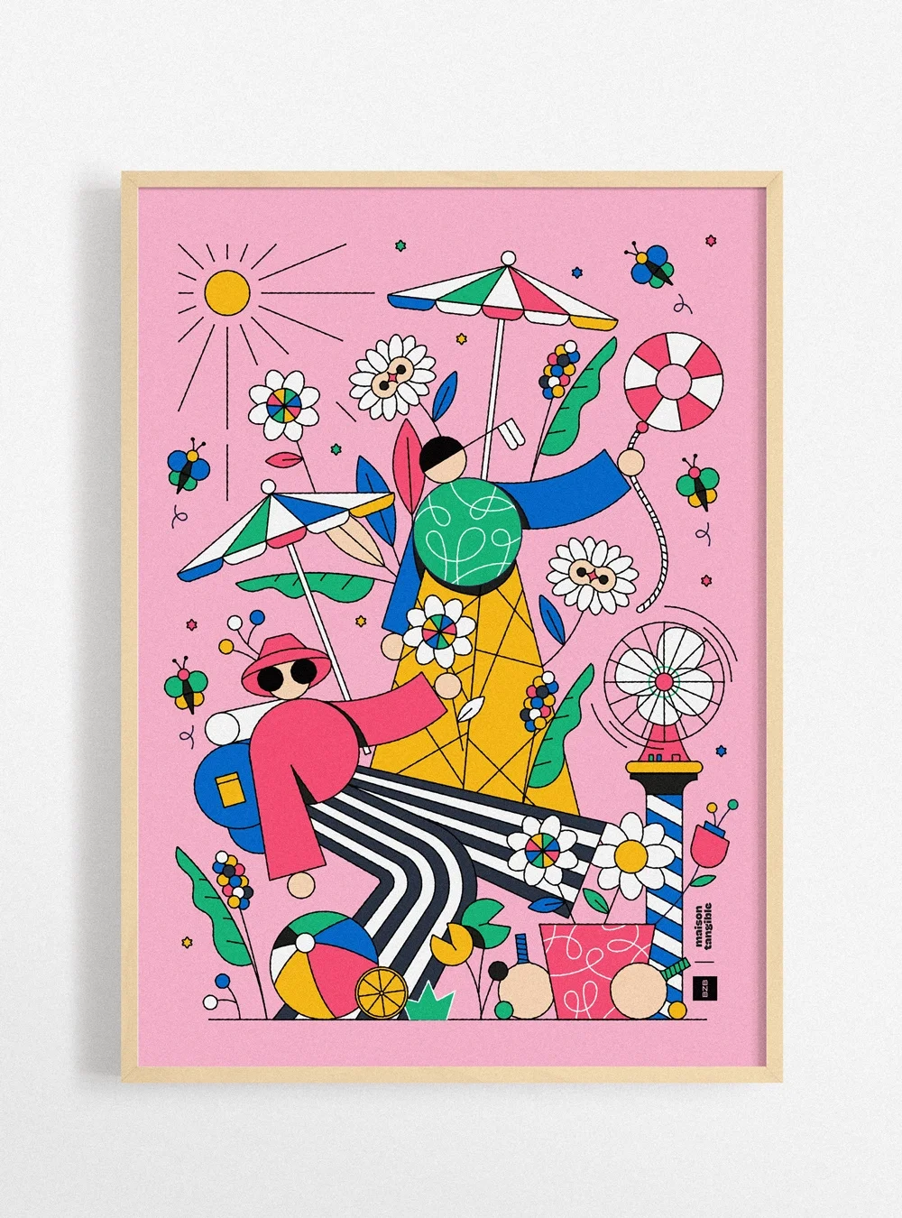 Illustration colorée représentant deux personnes au bord de la mer avec parasols, fleurs, une roue de fête, un ballon, un coquillage, une glace, un soleil et des papillons sur fond rose.
