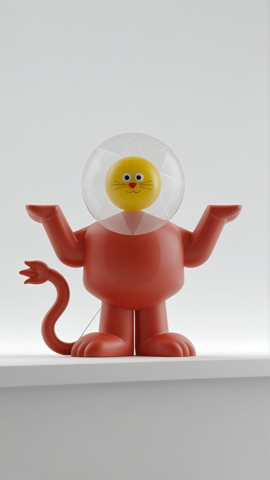 Figurine d'un lion rouge avec une tête de lion en plastique transparent autour du visage, avec un visage de lion amusant avec un nez rouge, des moustaches et des yeux grands et ronds.
