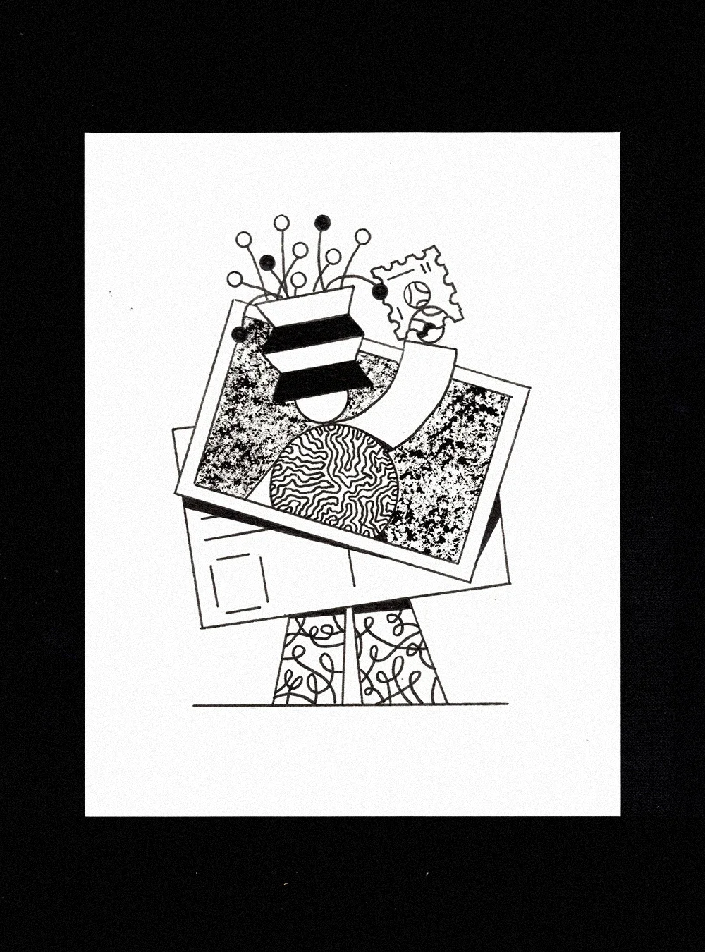 Dessin abstrait de formes géométriques et de motifs variés superposés, avec des lignes ondulées, des points, et des zones texturées, dans un style cubiste.
