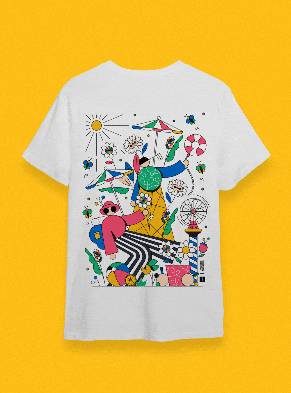 T-shirt blanc avec illustration colorée de personnages et objets de style graphique, y compris parasols, fleurs, soleil, et ballons, sur fond jaune.