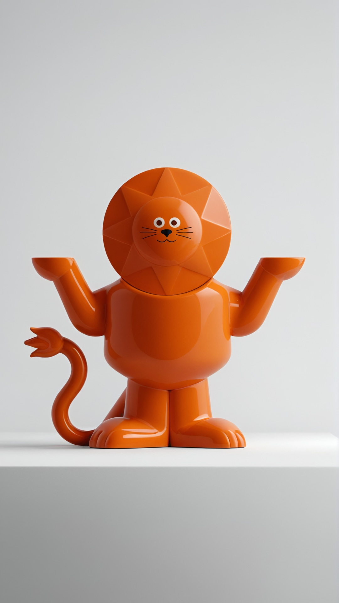Figurine en forme de lion orange avec une tête en forme de soleil et un corps avec bras levés, une queue en tire-bouchon, sur fond blanc.