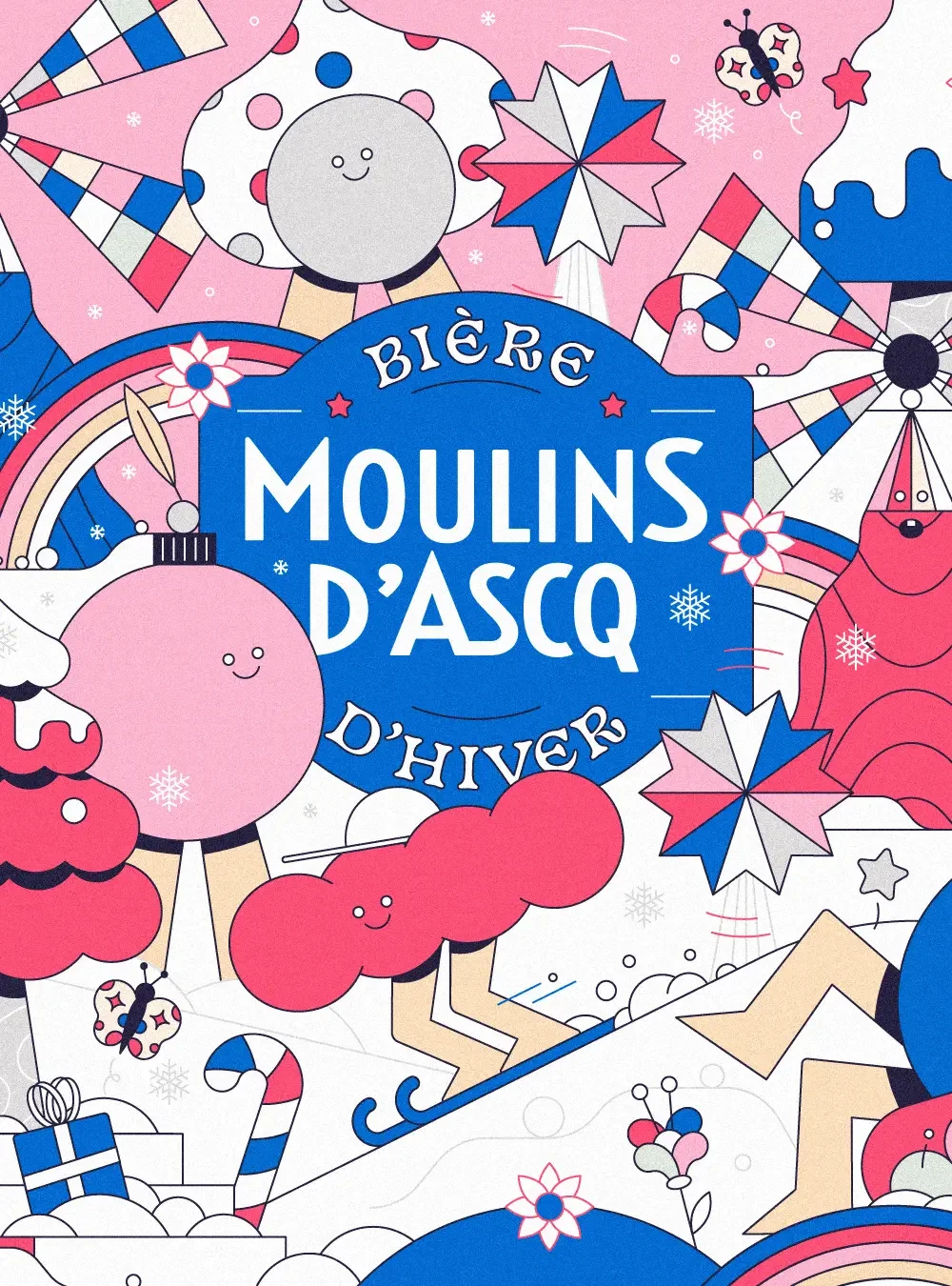 Affiche colorée annonçant un festival d'hiver, avec des illustrations de bonhommes de neige, éclats de Noël, sapins, fleurs, étoiles, arcs-en-ciel, candies, et animaux, dans des couleurs pastel et vives.