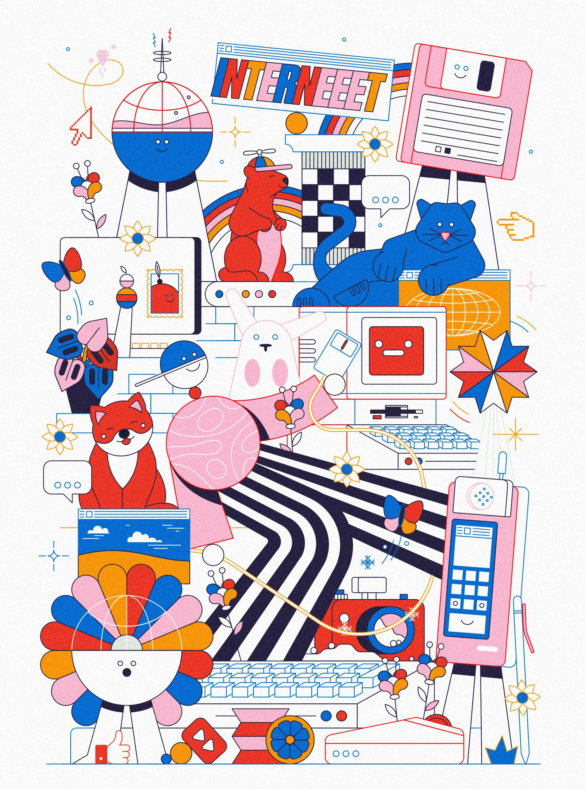 Illustration colorée représentant des éléments liés à Internet, technologie et communication tels que des ordinateurs, téléphones, robots, fleurs, animaux et symboles divers dans un style graphique minimaliste.