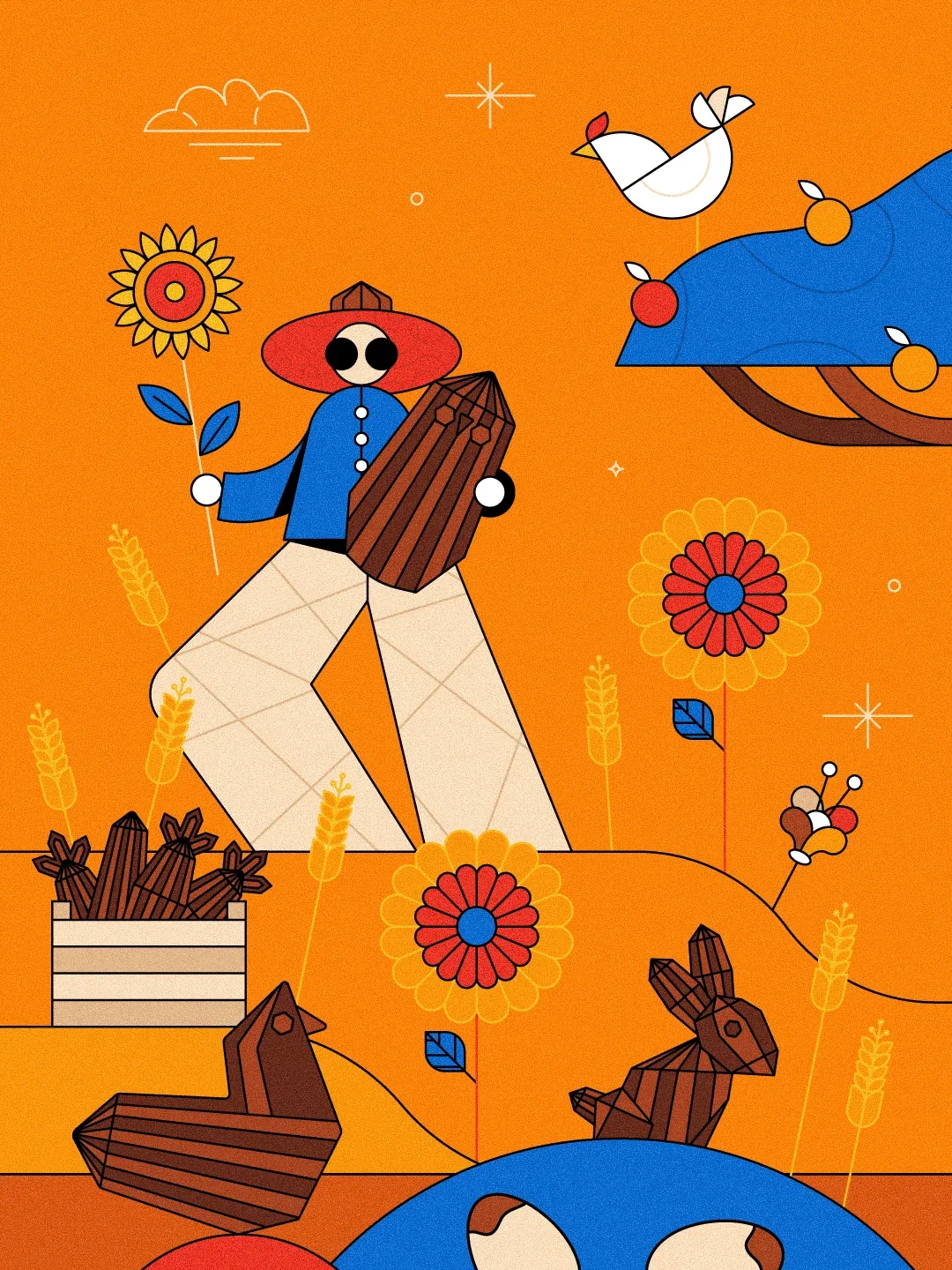 Illustration colorée d'une ferme avec un personnage portant un chapeau rouge, tenant une fleur et un panier de branchages, entouré de fleurs, lapins en bois et oiseaux dans un ciel orange.