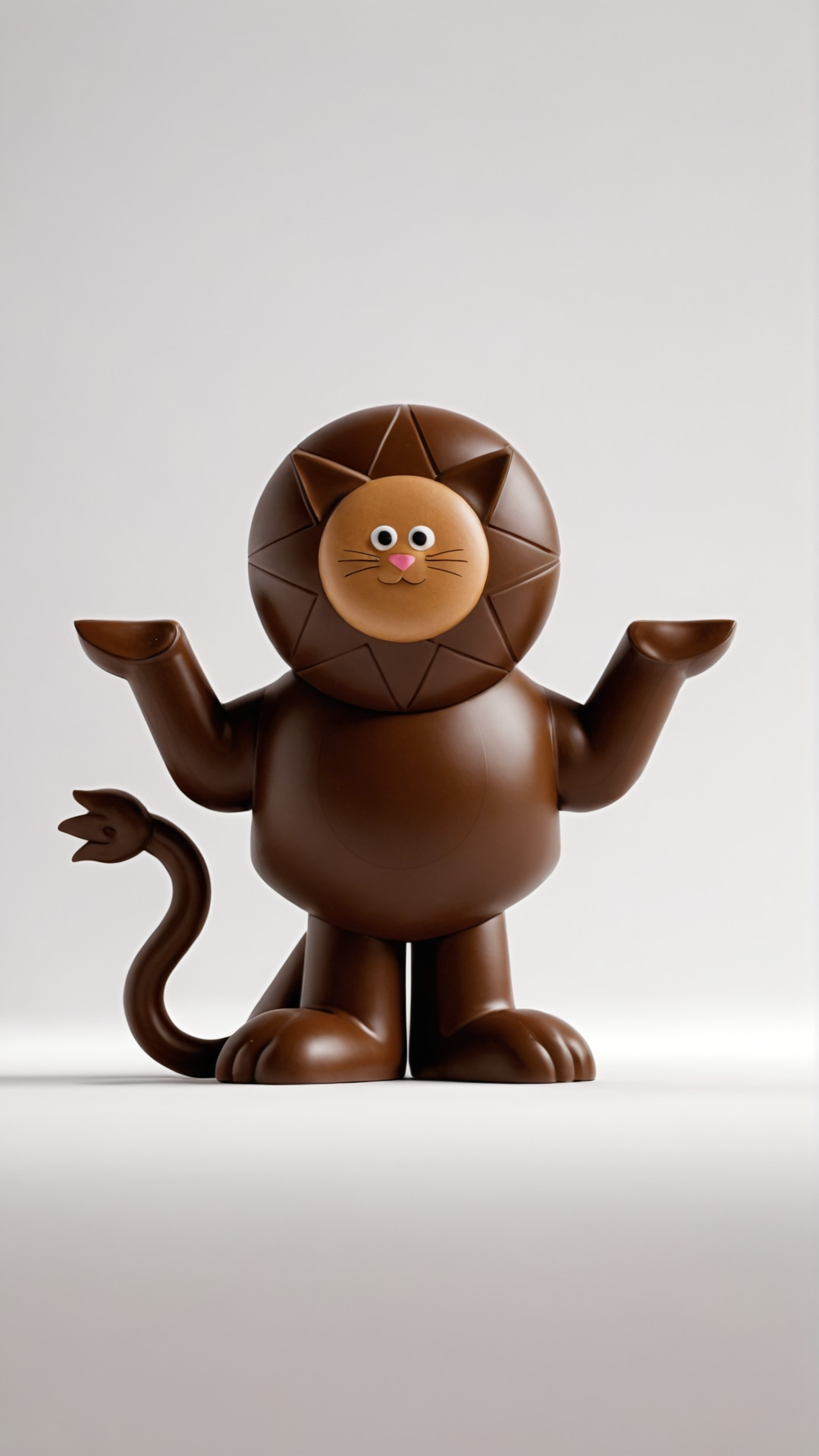 Statue en chocolat d'un lion avec une tête de chat à la place du visage, levé les bras, fond blanc.