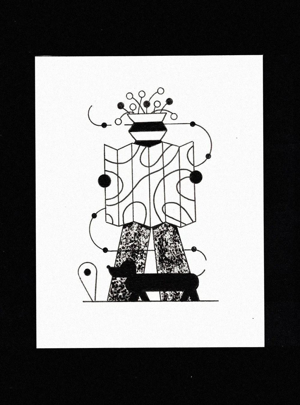 Une illustration en noir et blanc représentant une figure humaine stylisée avec une tête en forme de vase avec des branches ou des fleurs, un corps avec des lignes courbes et des cercles, et des jambes texturées, avec un chien à ses pieds et un petit