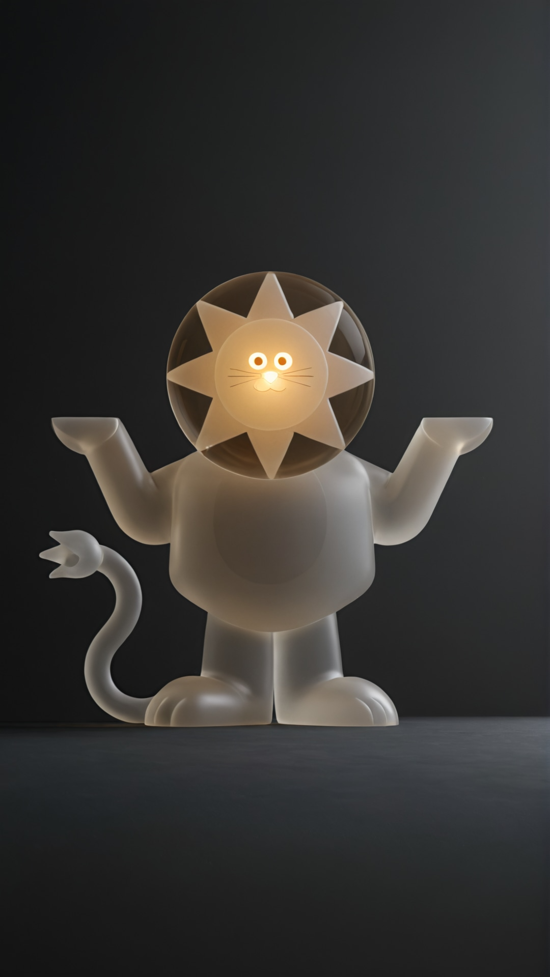 Figurine de lion avec une tête lumineuse en forme de soleil et corps blanc, sur fond sombre.