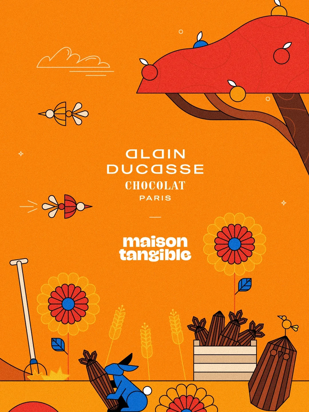 Une illustration colorée représentant un arbre fruitier avec des pommes, un lapin bleu devant une caisse de chocolat, et des fleurs, avec le texte 'Alain Ducasse Chocolat Paris' et 'maison Tangible'.
