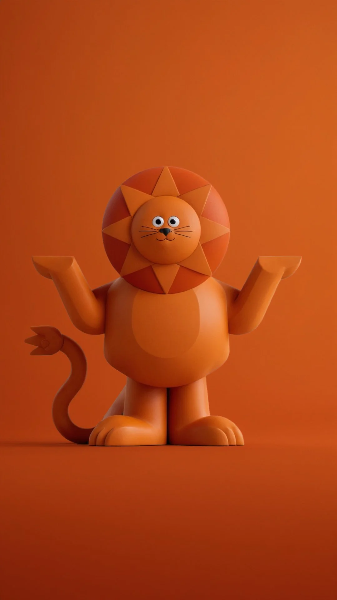 Statue de lion en orange avec une tête de lion, une queue enroulée, et des bras levés, sur fond orange.