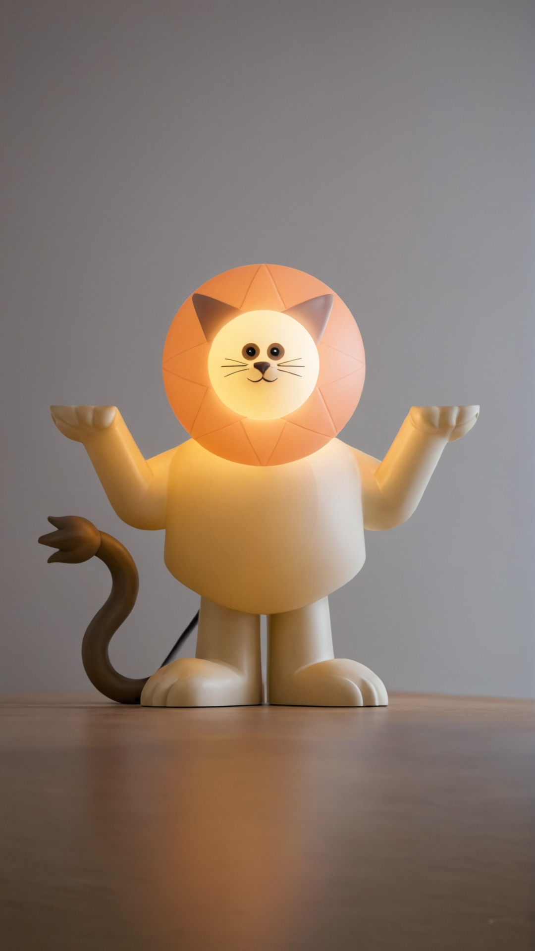 Lampe de chevet représentant un lion avec une tête de chat, assis avec les bras levés.