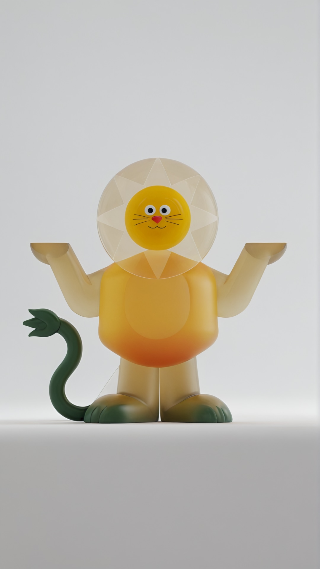Figure stylisée représentant un lion avec une tête en forme de soleil jaune, un corps marron et une queue verte, avec une expression amicale.