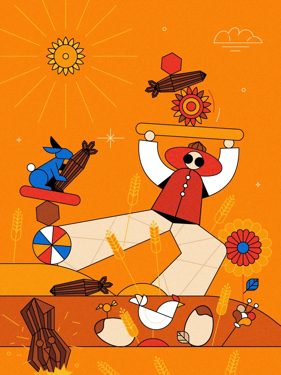 Illustration colorée représentant une scène champêtre avec un personnage portant un chapeau rouge, tenant une pousse de blé, entouré d'animaux tels qu'une poule, un lapin bleu, un chien, ainsi que des éléments tels que le soleil, des fleurs, du blé, 