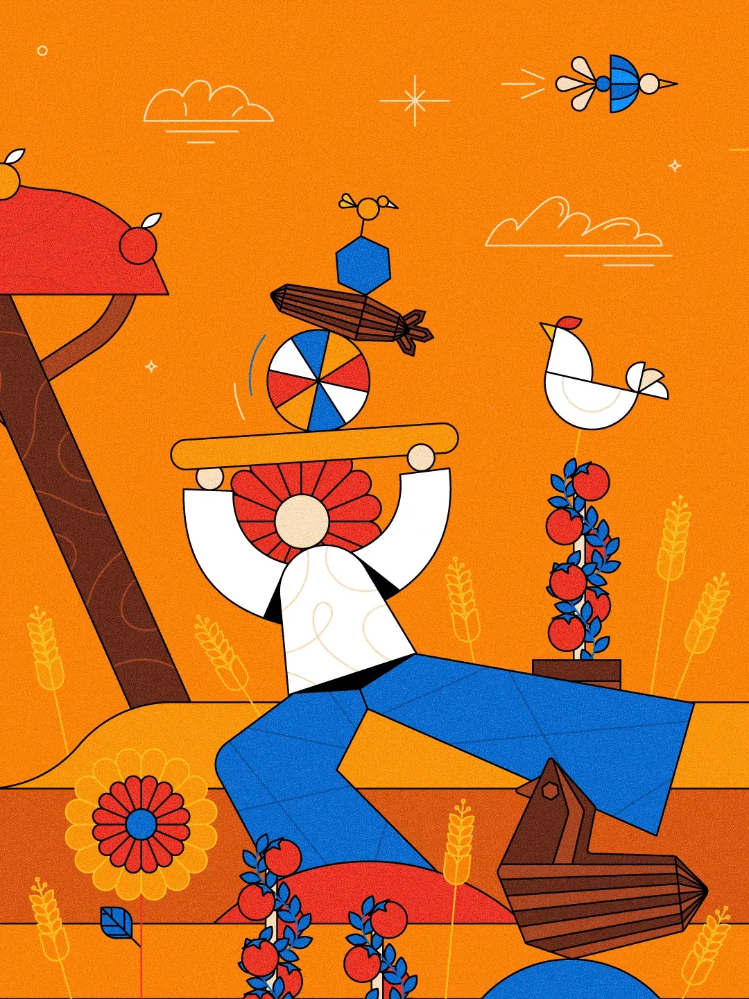 Illustration stylisée d'une personne portant un plateau avec des objets et entourée de fleurs, de fruits et d'oiseaux sous un ciel orange avec des nuages.