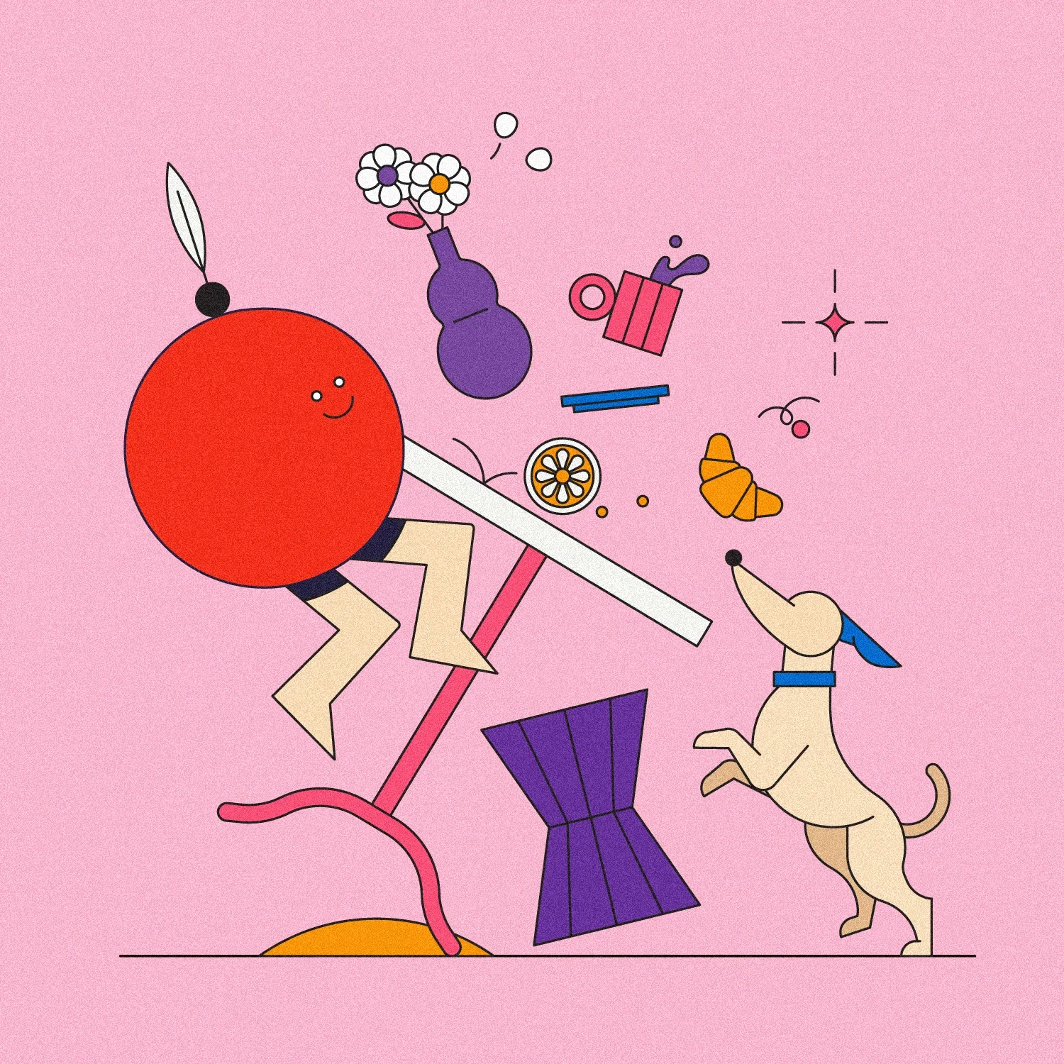 Image numérique d'une illustration colorée représentant un personnage circulaire rouge avec des bras et des jambes qui joue à la balançoire, une silhouette de chien beige avec un collier bleu qui regarde le personnage, et diverses formes et objets abstraits sur un fond rose