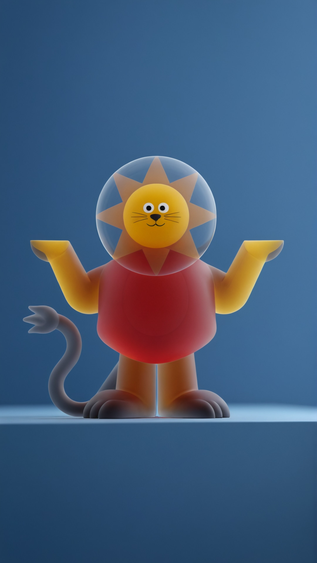 Figurine de lion amical avec une tête de lion et un corps de lion, portant un costume rouge, avec un visage jovial, dans un style cartoon.