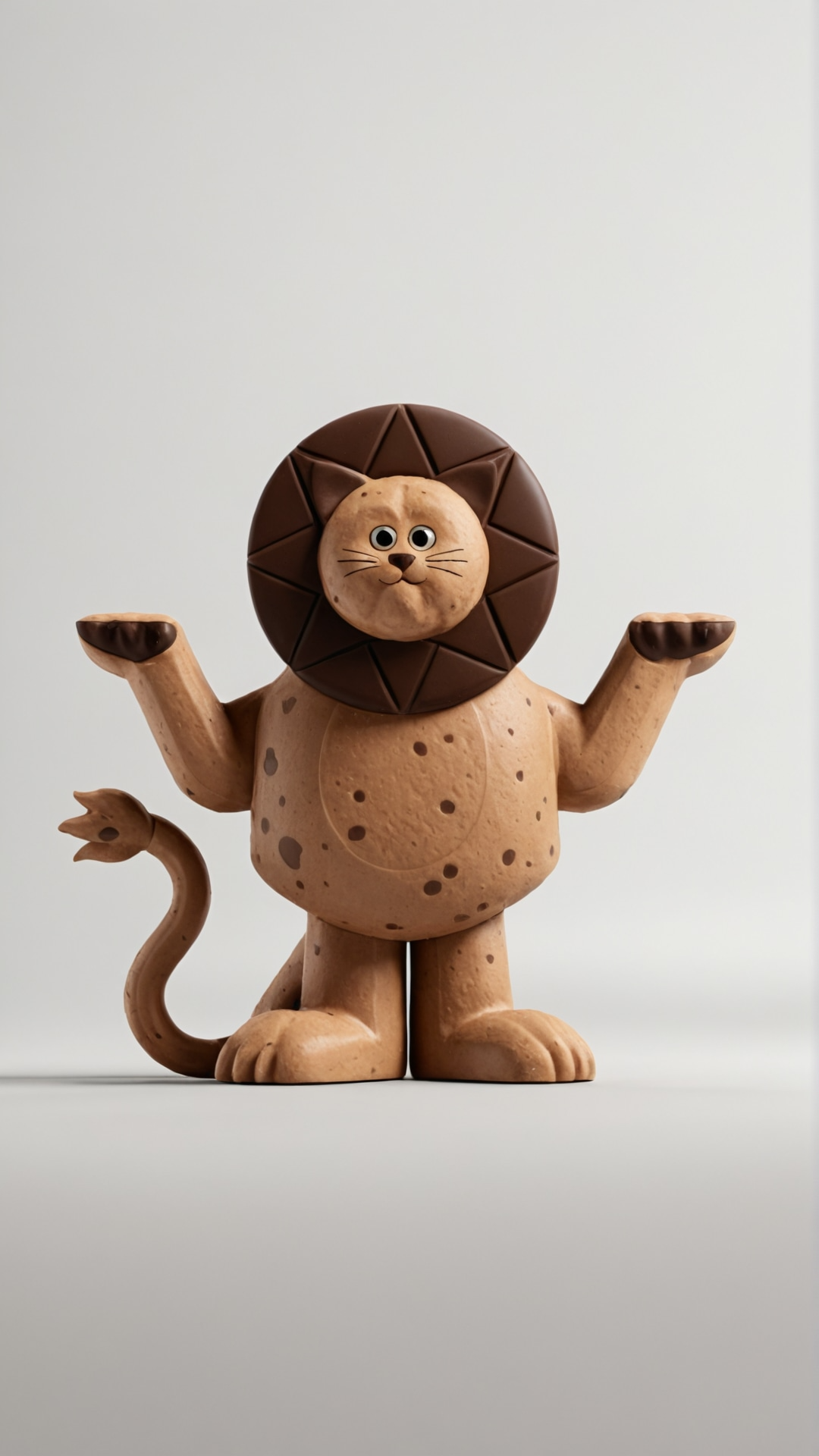 Statue de lion en chocolat avec une tête en forme de biscuit et un visage d'animal, sur fond blanc.