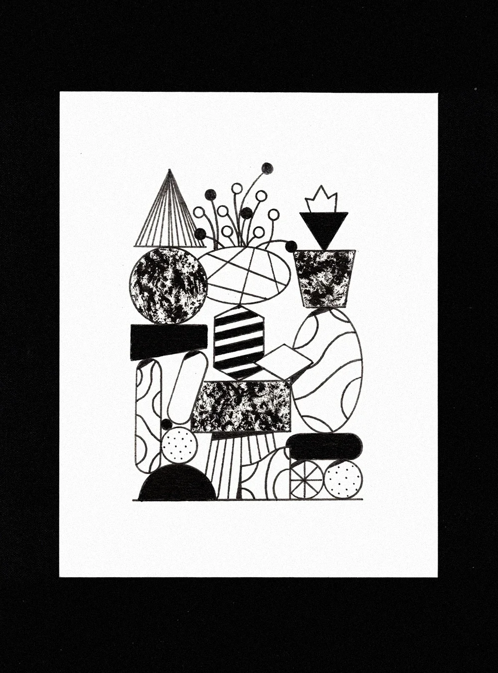 Illustration abstraite en noir et blanc avec différentes formes, motifs et textures, incluant des cercles, rectangles, triangles et lignes, disposés en composition artistique.