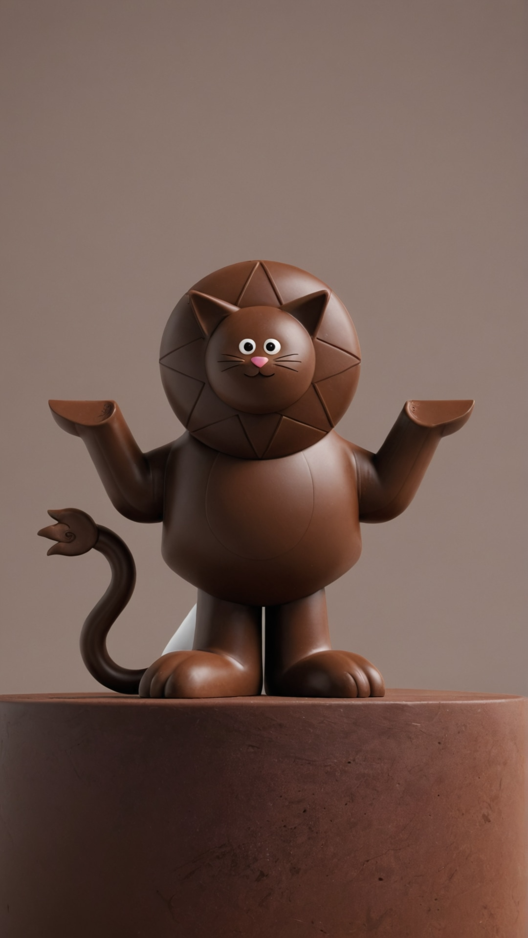 Figurine en chocolat représentant un lion avec une tête de chat, des bras levés, une queue en spirale et une silhouette solide.