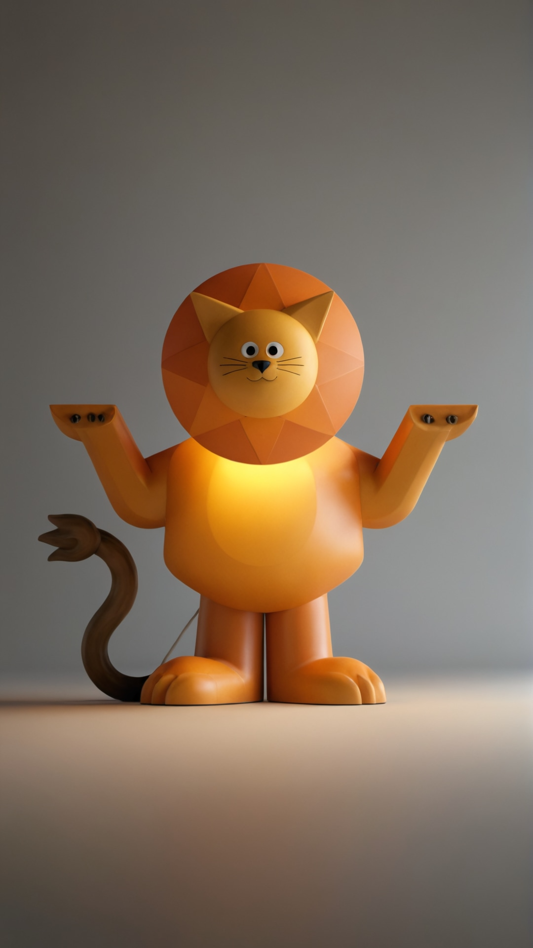 Statue d'un lion avec une tête de chat simplifiée et un corps de lion orange, avec les bras levés.