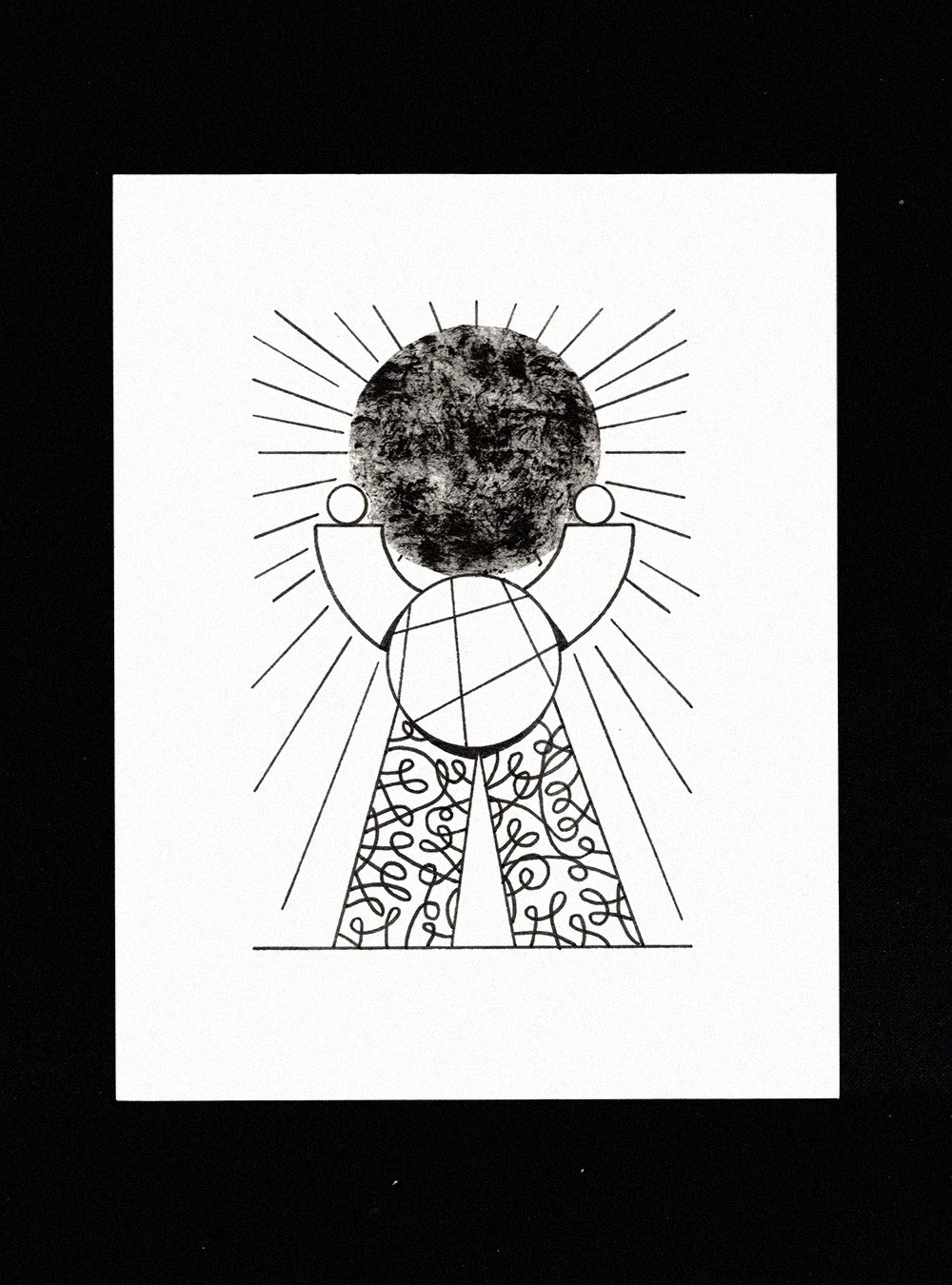 Une illustration en noir et blanc d'une figure humaine stylisée avec une tête représentant la lune et un corps géographique, entourée de rayons lumineux sortant dans toutes les directions.