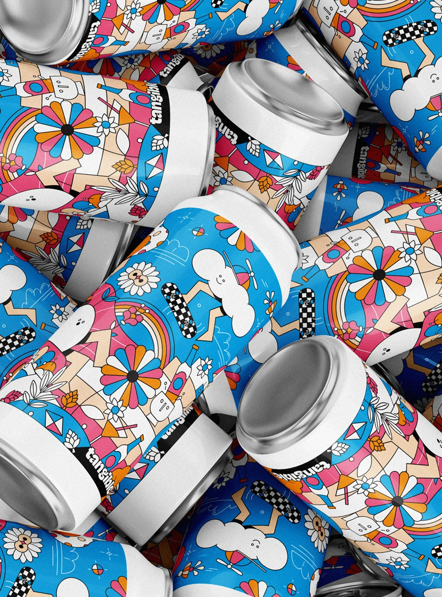 Paquets de boisson en canettes avec un design coloré et illustré de fleurs, nuages, arc-en-ciel, personnages de dessins animés et motifs géométriques.