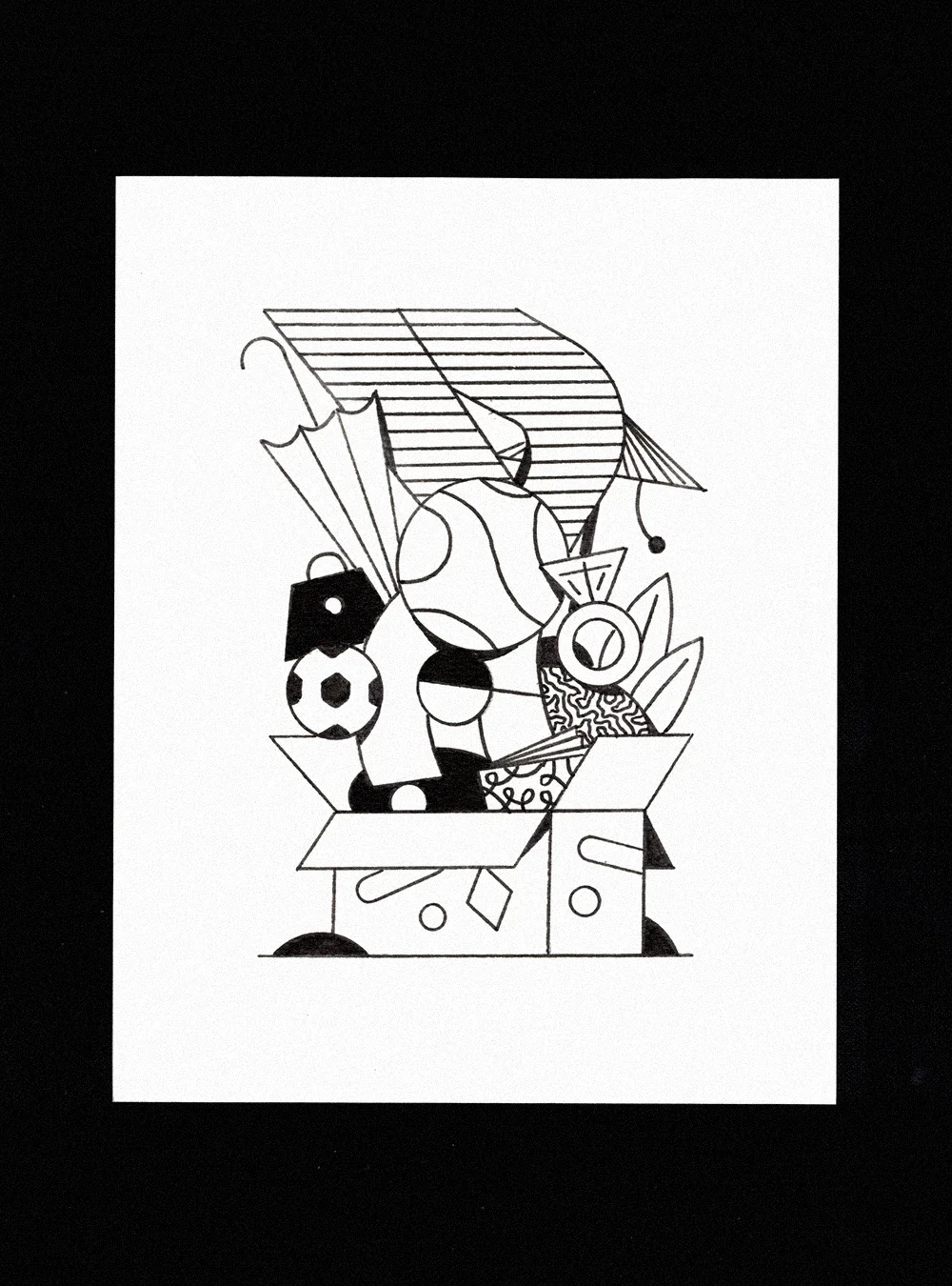 Dessin abstrait avec divers objets tels qu'un ballon de football, un chat stylisé, une limonade, un parapluie, un chapeau, dans une boîte.