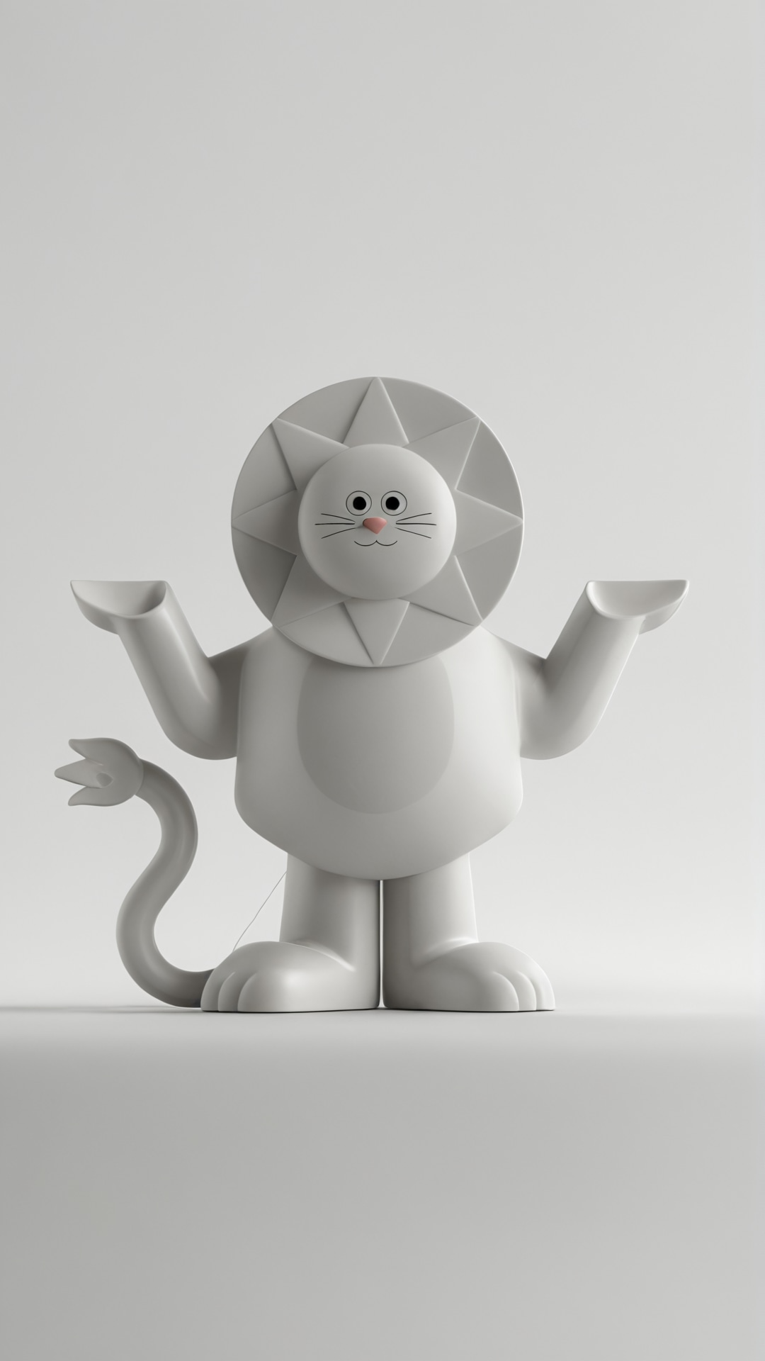 Statue blanche d'un lion avec une tête de chat en guise de visage.Cheveux en étoile et queue enroulée.