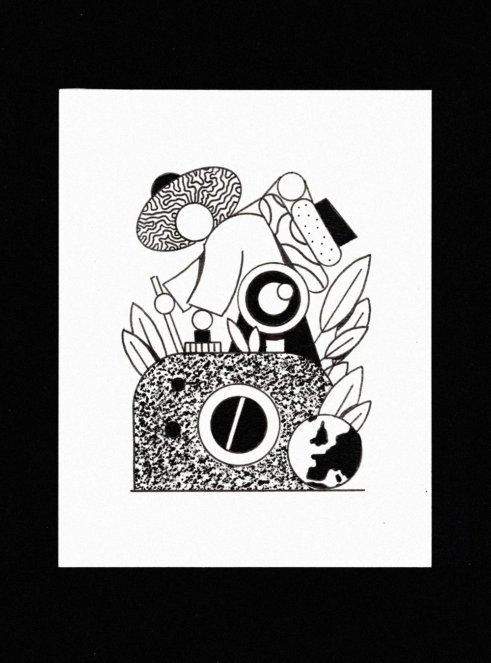 Dessin en noir et blanc d'un appareil photo avec des éléments artistiques, des feuilles, une image de la planète Terre et une boule représentant la Terre à côté.