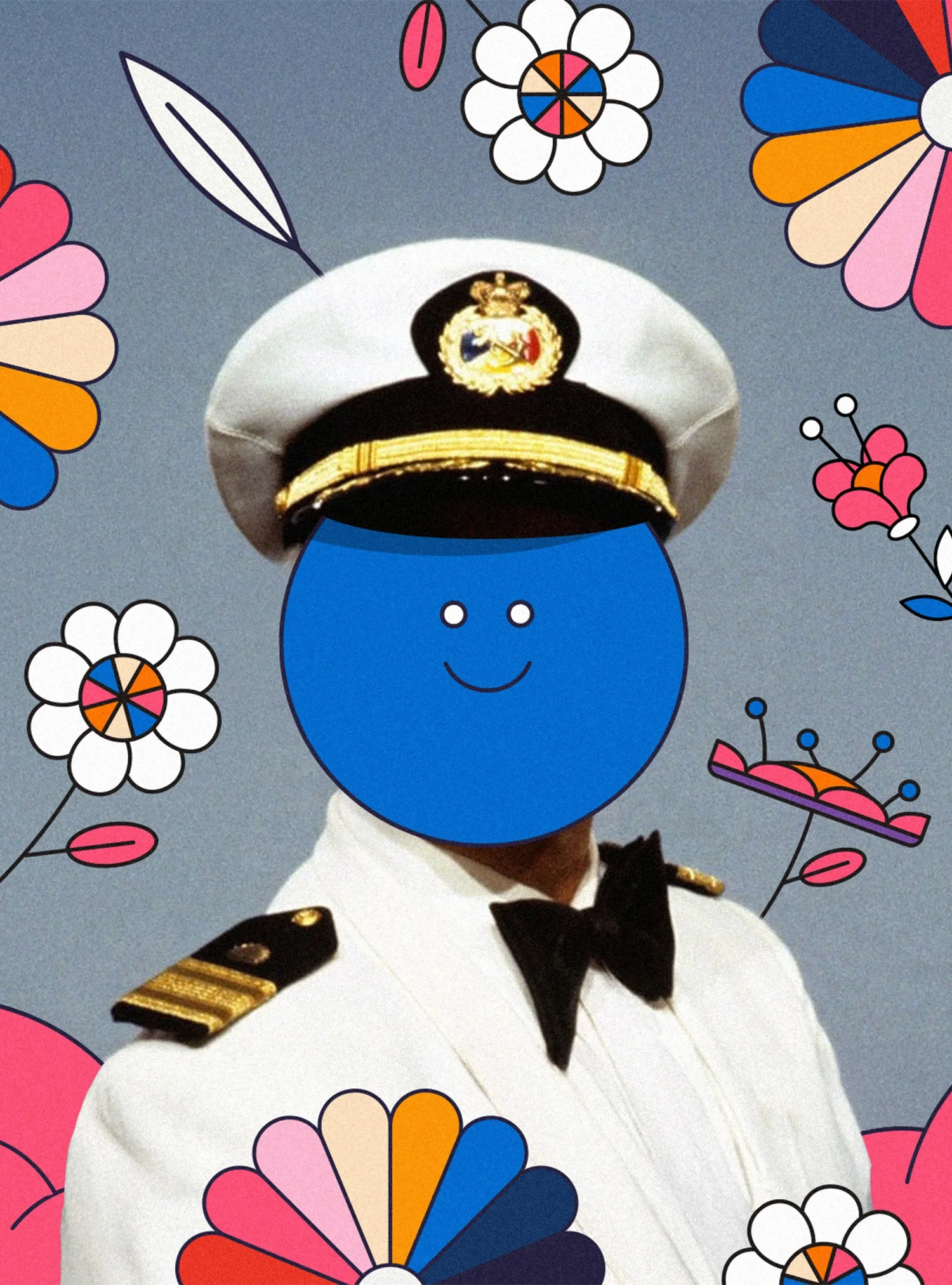 Un officier en uniforme de la Marine nationale française portant un chapeau blanc avec insigne doré, sur fond de dessins artisanaux de fleurs colorées en style abstrait.