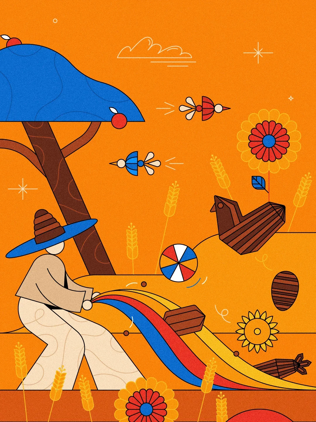 Illustration minimaliste avec un fond orange, un arbre avec un parasol bleu, une personne portant un chapeau, et des éléments colorés comme des oiseaux, des fleurs, des céréales, des paniers, un cerceau, et un arc-en-ciel stylisé.