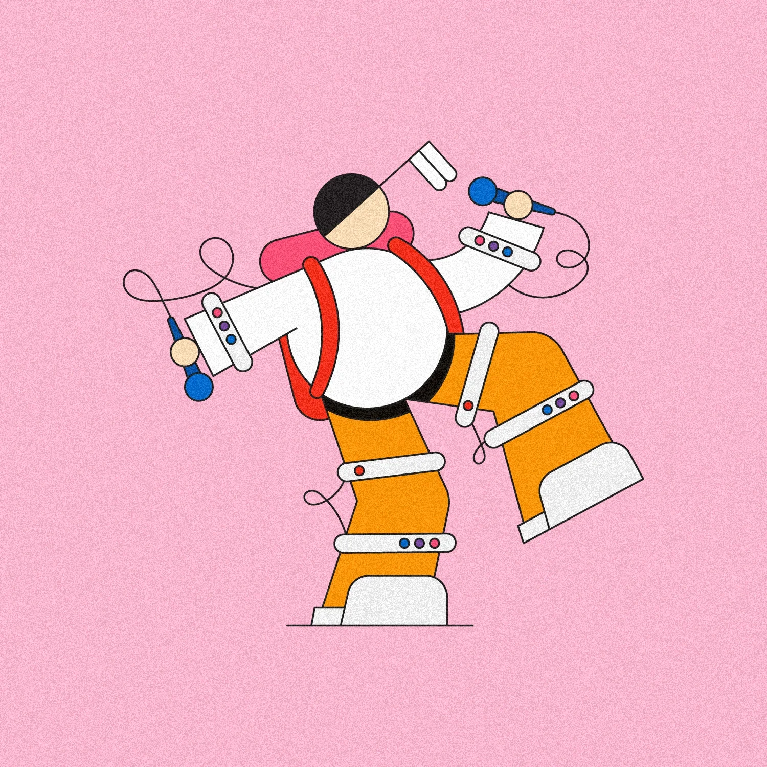 Illustration d'un astronaute en combinaison orange et blanche flottant dans l'espace contre un fond rose.