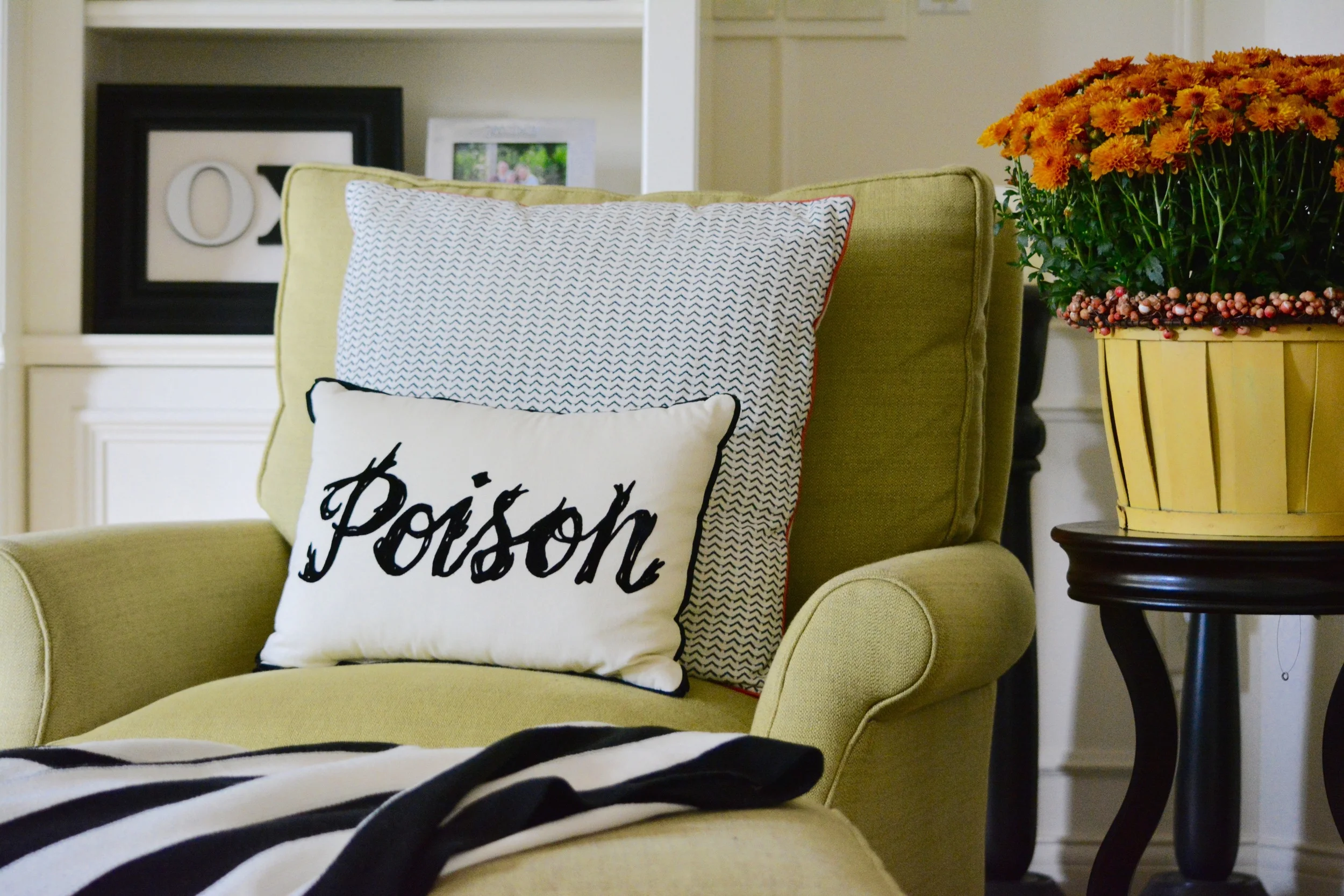 I think pillows can add such an impact, yet are so easy to switch out and are pretty affordable. I found this poison one at Target (of course!) last year, and the cute black/orange one behind it is from Pottery Barn.