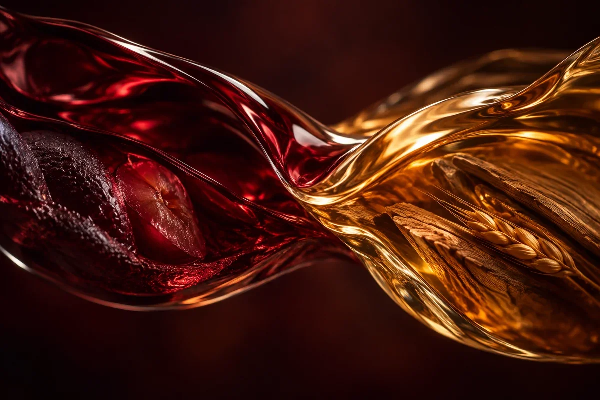 Flowing ruby and amber forms with grapes, grain, and oak, expressing wine and whisky aromas.