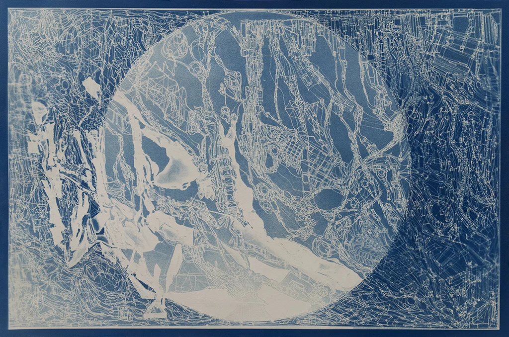 Bio City Map is a limited edition cyanotype made from the drawing of a microcosmic world, created through the magnification of the imagination and the competing strains of bacteria that were grown on a petri dish. Each hand-made print embodies the physical collection of microbial life, applied science and observable nature. 2017 Contemporary Art Centers Collectors Club Print Cyanotype on Paper
