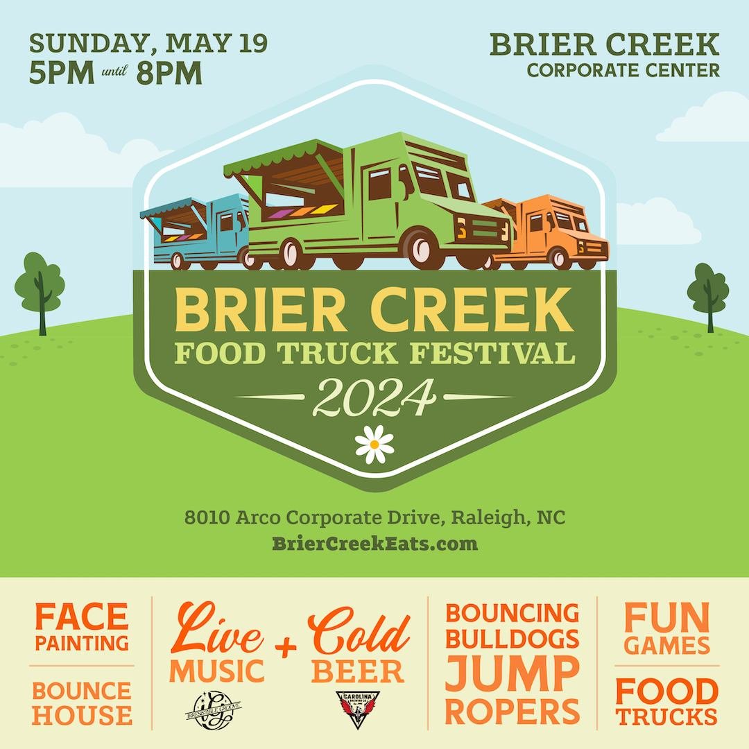 🎉 Join us Sunday, May 19th from 5pm to 8pm for the Spring Brier Creek Food Truck Festival, an evening filled with family fun!🍔🎶🎈

Indulge in a variety of cuisines from local food trucks while enjoying the beautiful spring weather. Groove to the l