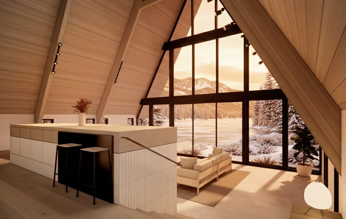 #InProgress: Today&rsquo;s Seattle snow dusting inspired a sneak peek of our upcoming #MCT_LakesideAFrame remodel, which is currently under construction in Northern Washington. The material palette features warm white oak cabinetry, refinished existi