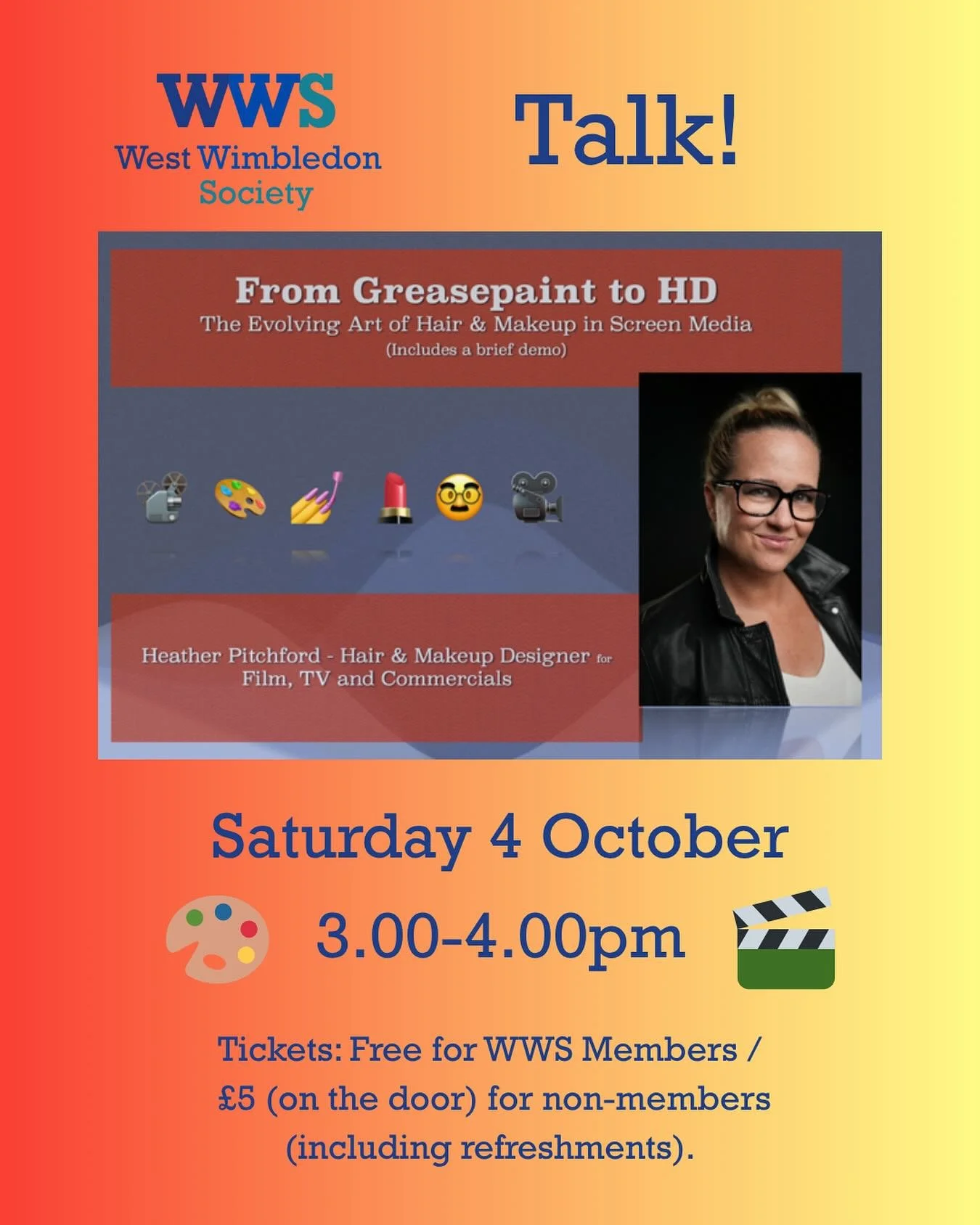 This is TODAY! WWS is proud to present &ldquo;From Greasepaint to HD&rdquo; - a talk by Heather Pitchford (@heathermakeup) - on Saturday 4 October, 3pm, at Avenue Hall.

🎨 Heather will share a brief history of film &amp; TV makeup with WWS members a