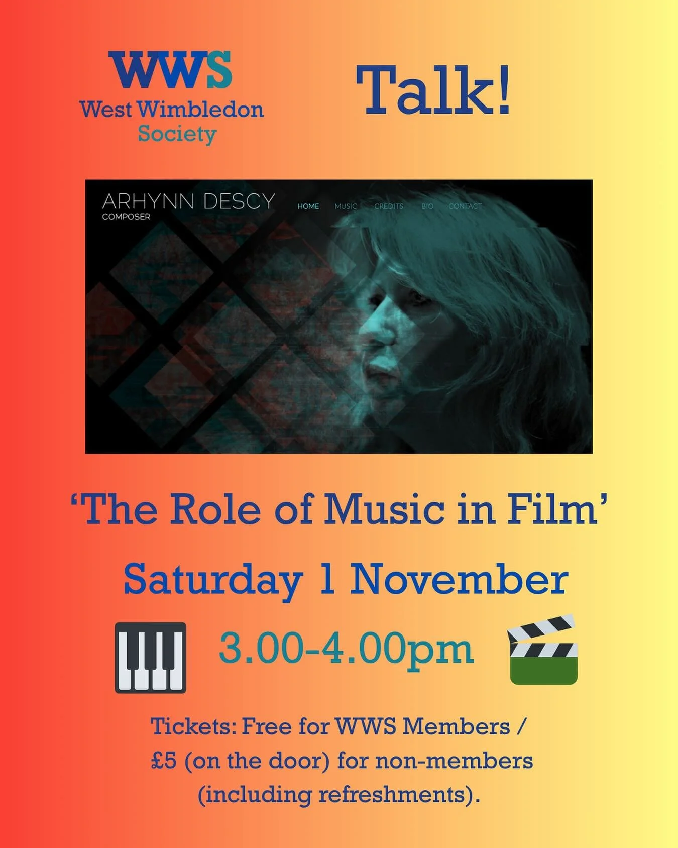 Come along to tomorrow&rsquo;s informative talk at Avenue Hall: &lsquo;The Role of Music in Film&rsquo; led by celebrated composer Arhynn Descy (@arhynnd) 🎹🎶🎬

Saturday 1 November
3-4pm
Avenue Hall

🎟️ Entry is free for WWS members, and &pound;5 