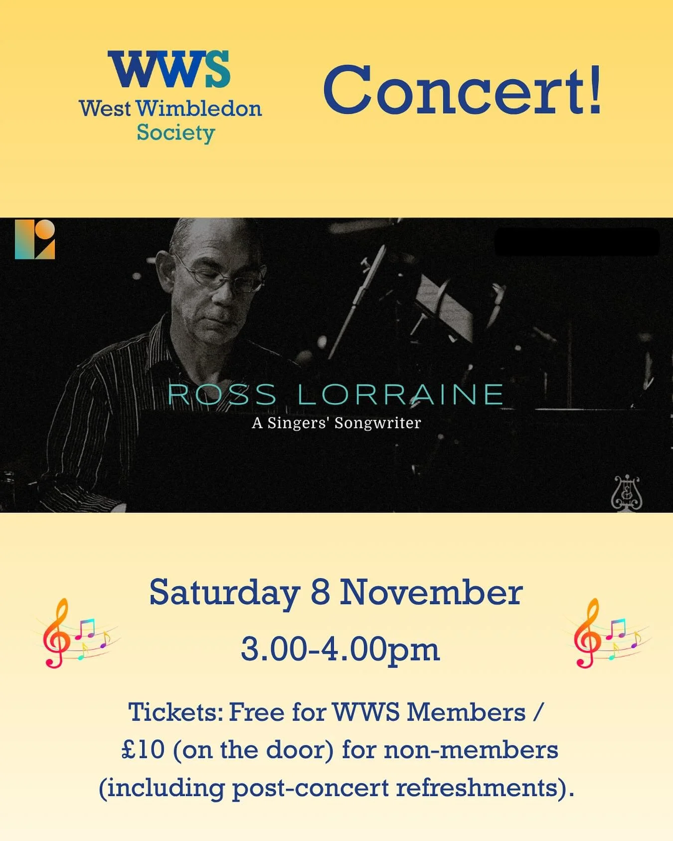 West Wimbledon Society are delighted to present an afternoon concert by singer songwriter @rosslorraineuk &amp; friends! 🎹🎤🎶

Ross will present a wonderfully entertaining programme - not to be missed! 

Saturday 8 November
3.00-4.00pm
Avenue Hall,