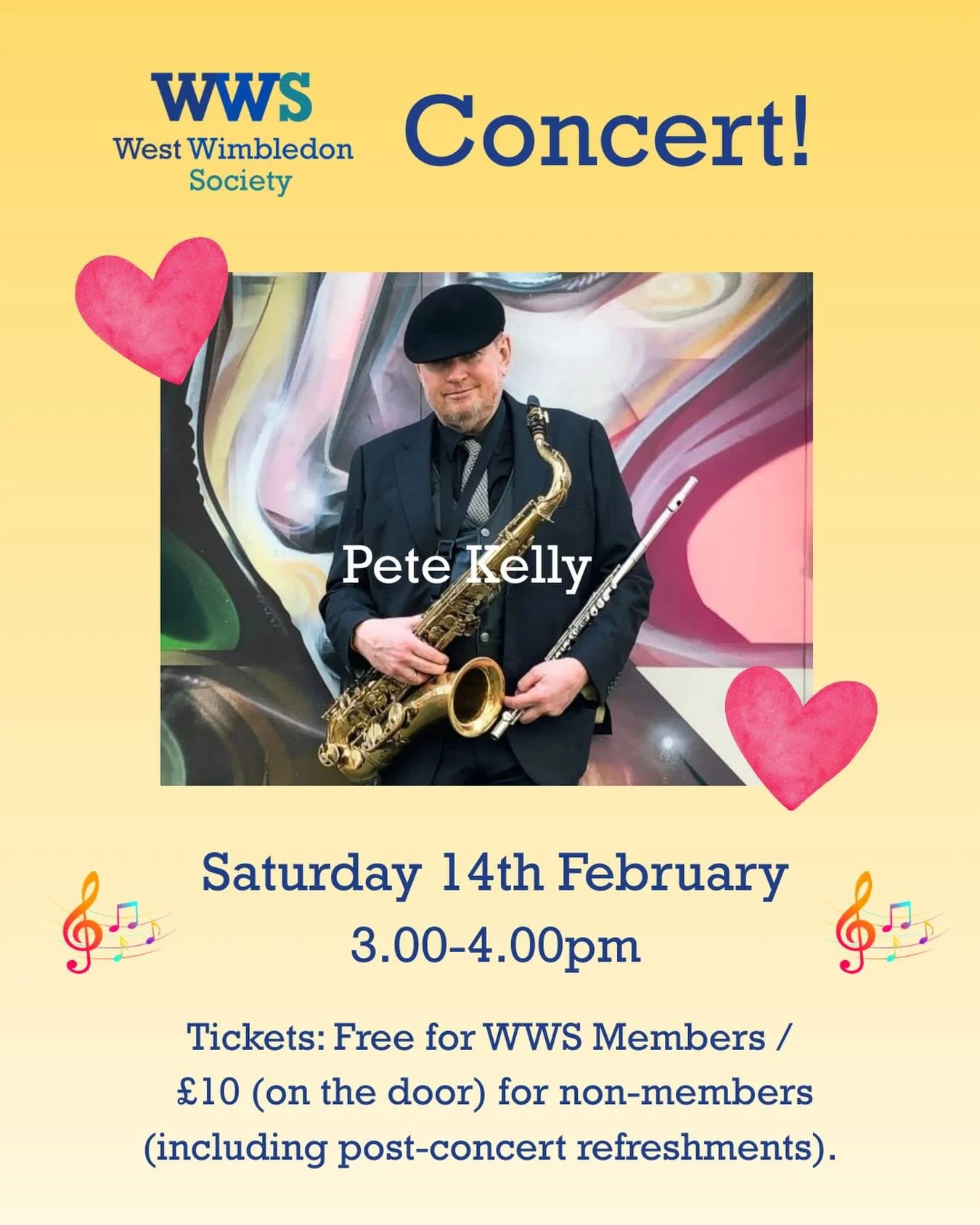 We are delighted to present a Valentine&rsquo;s Day afternoon concert with fabulous saxophonist &amp; singer @petekellyjazz! 🎷🎤🎶 come along and join us tomorrow:

Saturday 14th February 
3.00-4.00pm
Avenue Hall, SW20 0PQ

Tickets: Free for WWS Mem